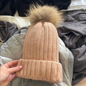 Cozy Tan Knit Pom-Pom Beanie
